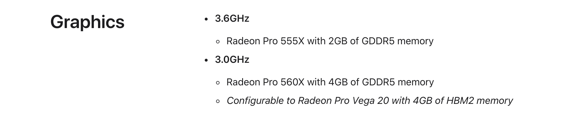 Раздел Graphics на странице Apple об iMac с дисплеем Retina 4K 21,5 дюйма 2019 года: Radeon Pro 555X с 2 ГБ GDDR5 в версии на 3,6 ГГц и Radeon Pro 560X с 4 ГБ GDDR5 в версии на 3,0 ГГц. Снято 3 октября 2026
