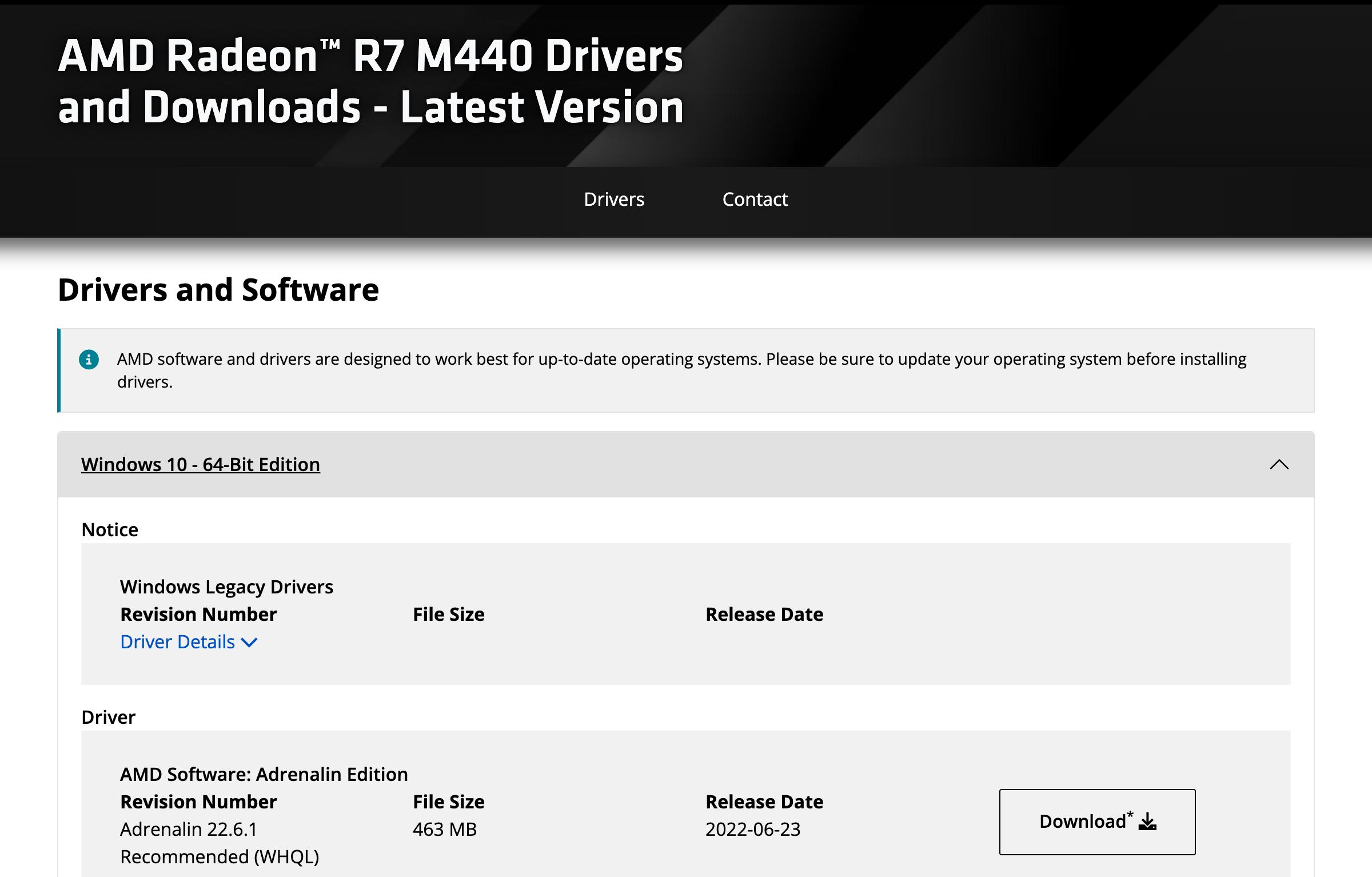 Начало страницы драйверов AMD Radeon R7 M440 и раздел Windows 10 64-bit: пометка Windows Legacy Drivers и пакет Adrenalin 22.6.1 Recommended (WHQL) от 23 июня 2022 года. Снято 1 октября 2026
