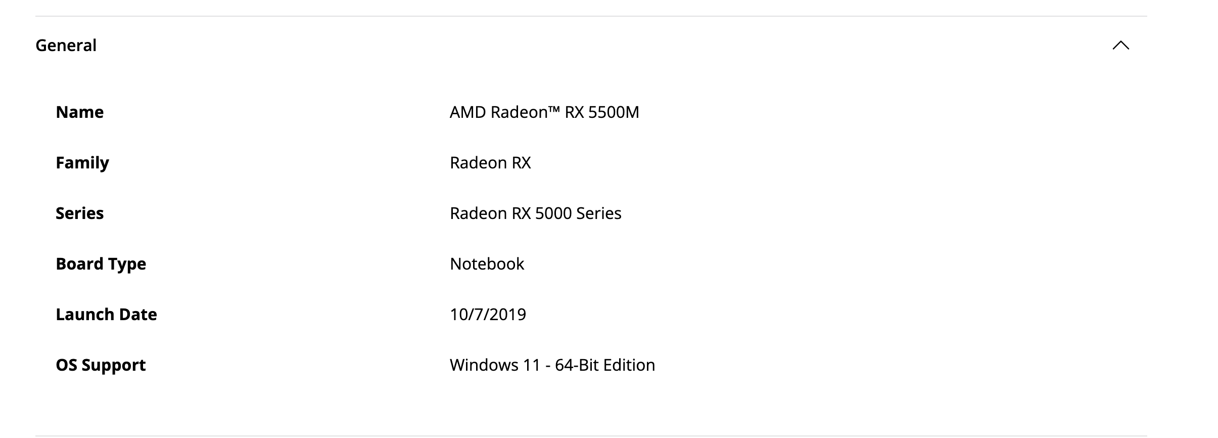 Раздел General на странице AMD Radeon RX 5500M: семейство Radeon RX, серия Radeon RX 5000, тип платы Notebook, дата выхода 10/7/2019, в графе OS Support Windows 11 64-bit. Снято 1 октября 2026