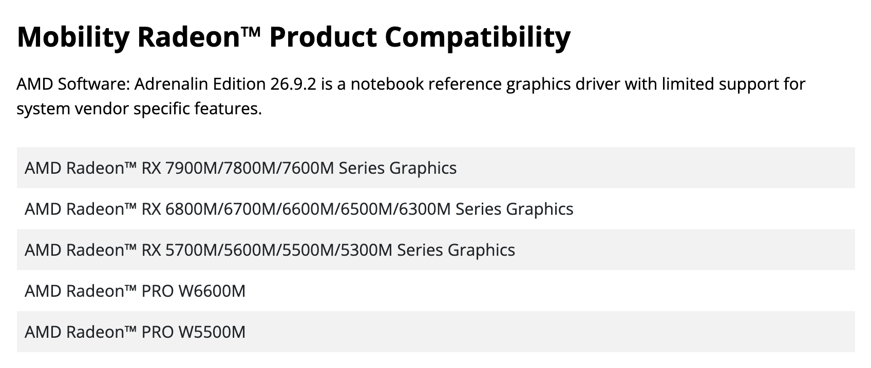 Раздел Mobility Radeon Product Compatibility в заметках AMD к пакету 26.9.2: эталонный драйвер для ноутбуков и серия Radeon RX 5700M, 5600M, 5500M и 5300M. Снято 1 октября 2026