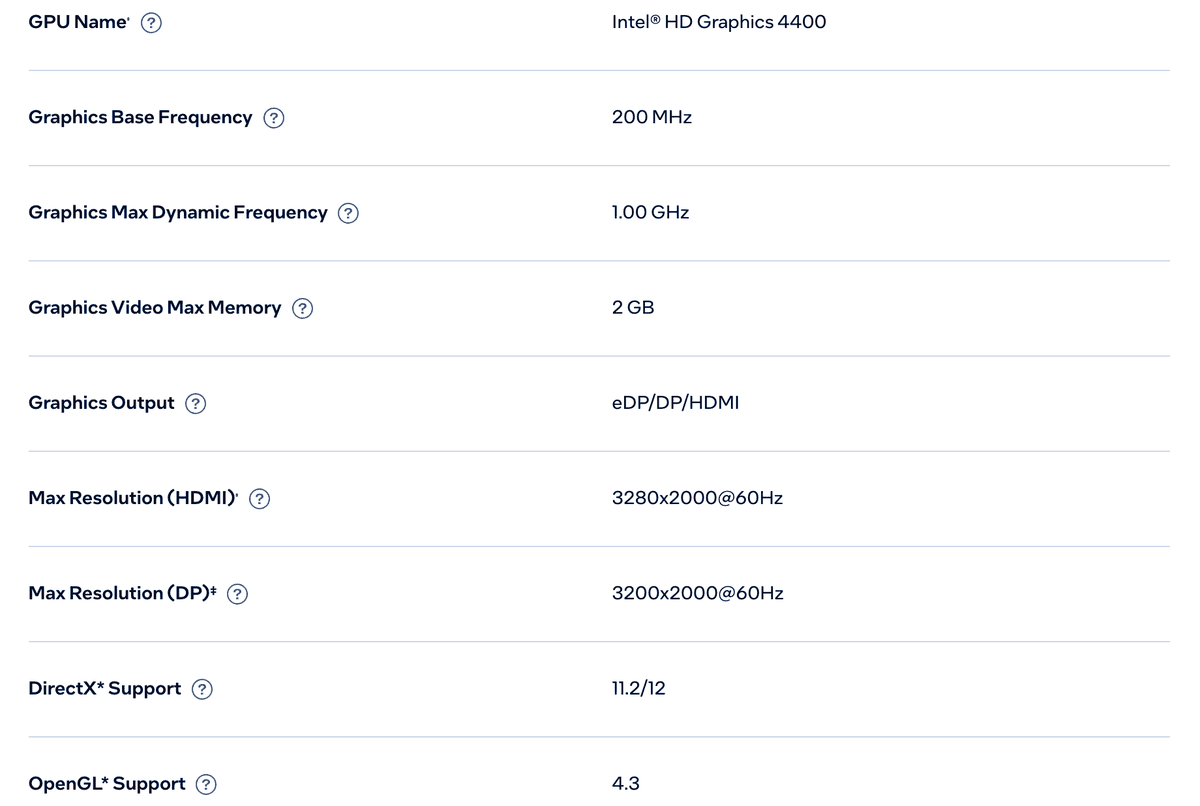 Раздел о графике в спецификации Core i5-4200U в Intel ARK: Intel HD Graphics 4400, от 200 МГц до 1 ГГц, до 2 ГБ памяти под видео, DirectX 11.2/12, OpenGL 4.3. Снято 23 сентября 2026