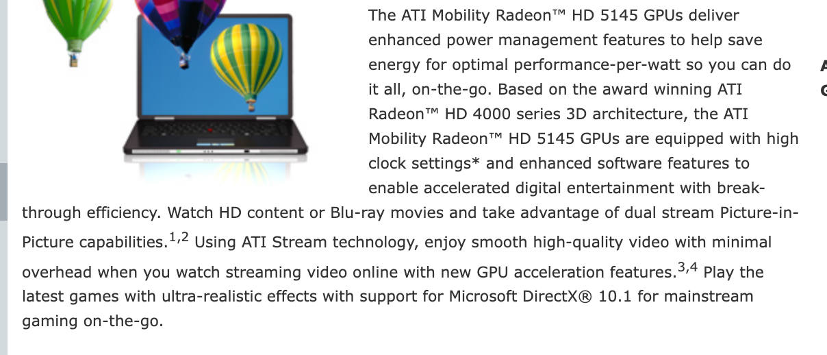 Вступление обзора HD 5145 на странице AMD: модель основана на архитектуре ATI Radeon HD 4000, поддерживает DirectX 10.1 и воспроизведение Blu-ray и HD-видео. Снимок веб-архива от 10 января 2010 года