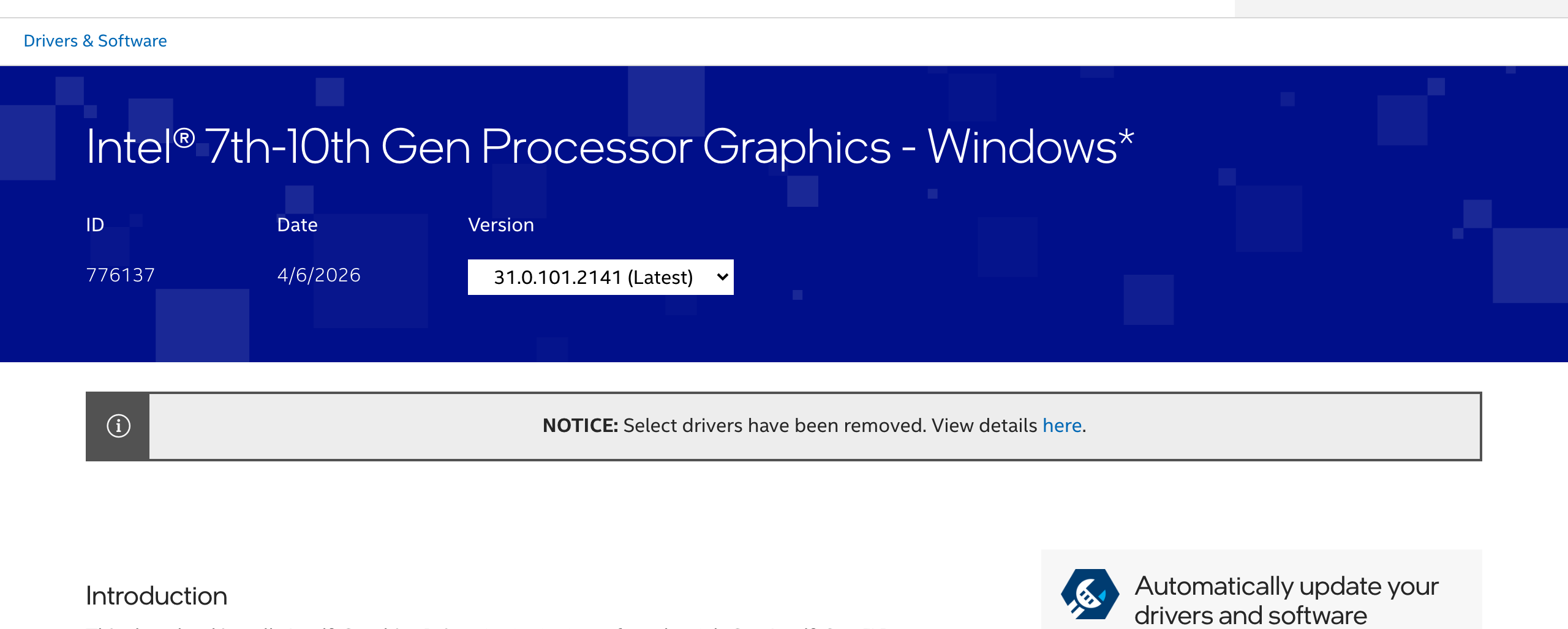 Страница пакета Intel 7th-10th Gen Processor Graphics: номер 776137, дата 6 апреля 2026 года, версия 31.0.101.2141 с отметкой Latest. Снято 30 сентября 2026