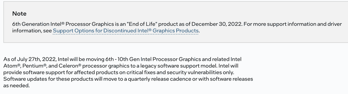 Справка Intel о поддержке графики 6-10 поколений: 6-е поколение с 30 декабря 2022 года относится к продуктам с завершённым жизненным циклом. Снято 23 сентября 2026
