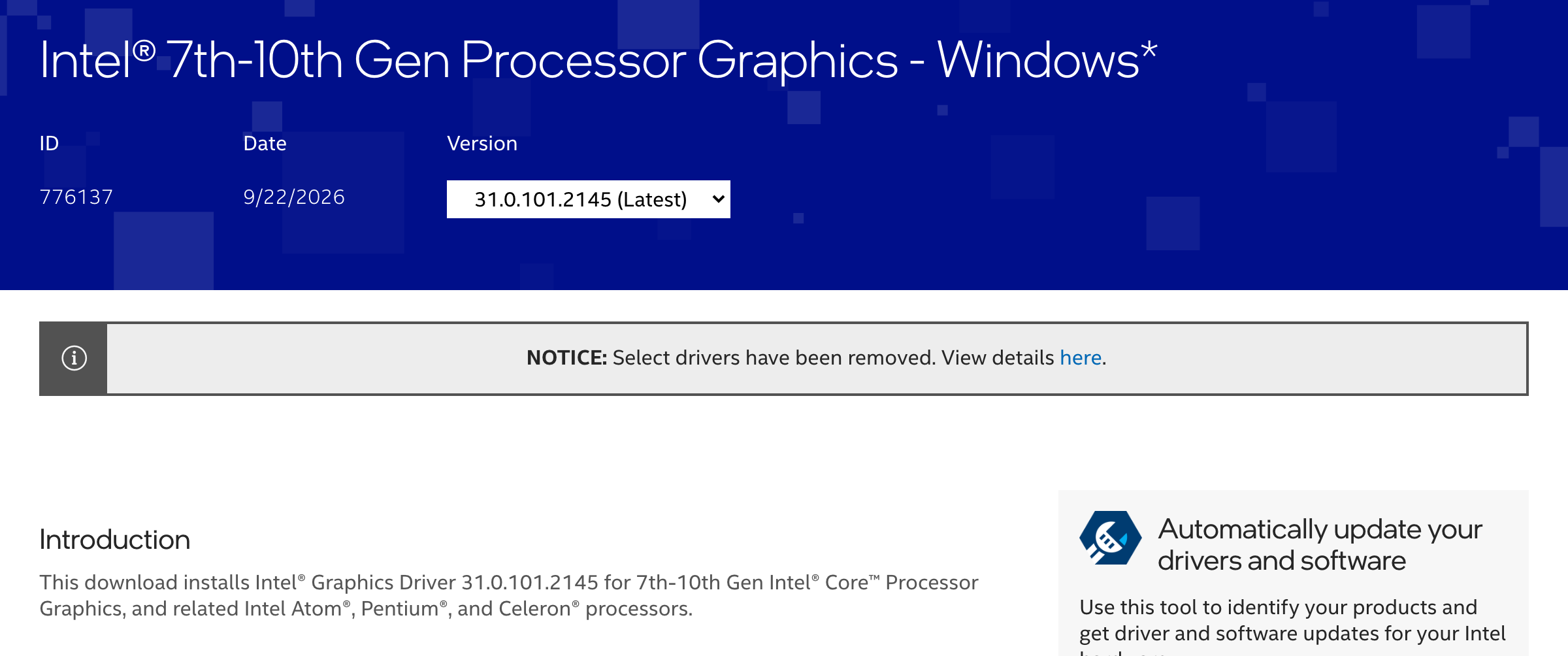 Страница пакета Intel 7th-10th Gen Processor Graphics: версия 31.0.101.2145 от 22 сентября 2026 года. Снято 24 сентября 2026