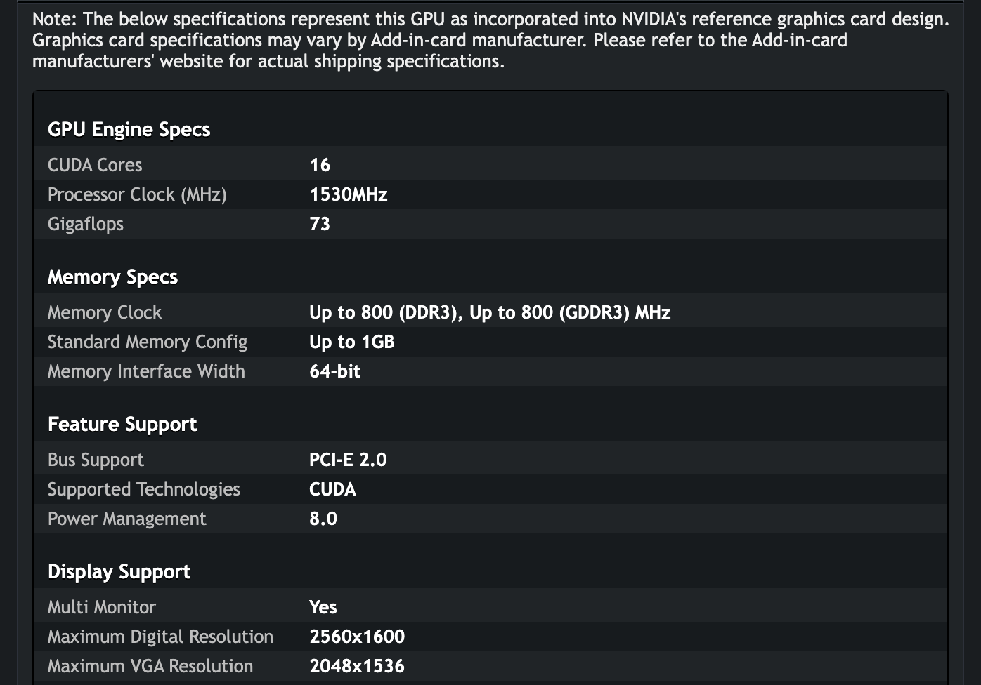 Таблица спецификаций GeForce 310M на сайте NVIDIA: 16 ядер CUDA, 1530 МГц, 73 Gigaflops, память до 1 ГБ на шине 64 бита, PCI-E 2.0, максимальное разрешение 2560 на 1600 точек. Снимок веб-архива от 27 июня 2017