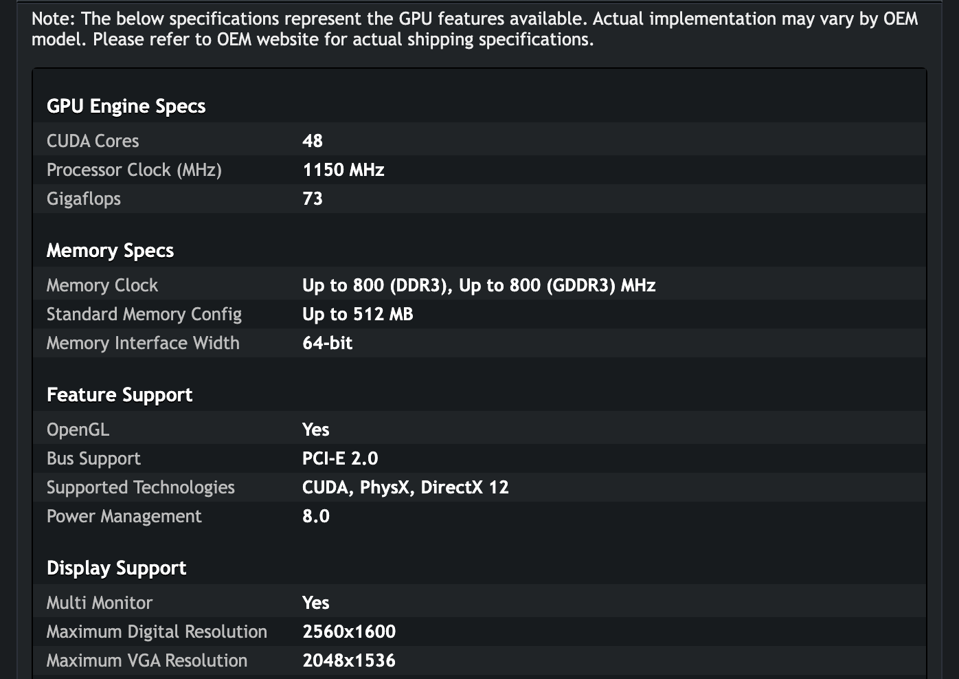 Таблица спецификаций GeForce 410M на сайте NVIDIA: 48 ядер CUDA, 1150 МГц, 73 Gigaflops, память до 512 МБ на шине 64 бита, PCI-E 2.0, технологии CUDA, PhysX и DirectX 12. Снимок веб-архива от 9 июня 2017