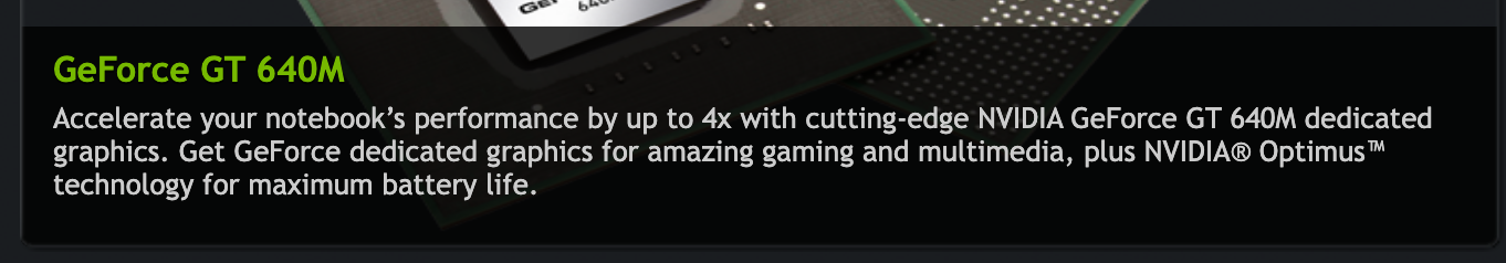 Обзорная страница GeForce GT 640M на сайте NVIDIA: прирост производительности ноутбука до 4 раз с выделенной графикой и технологией Optimus. Снимок веб-архива от 24 марта 2012