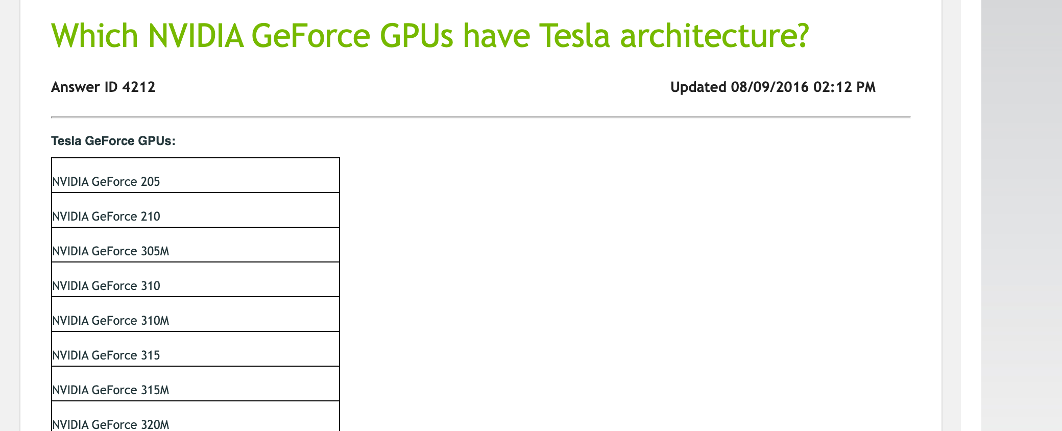 Справка NVIDIA о видеокартах GeForce на архитектуре Tesla: в списке GeForce 205, 210, 305M, 310, 310M, 315 и другие. Снимок веб-архива от 15 октября 2017
