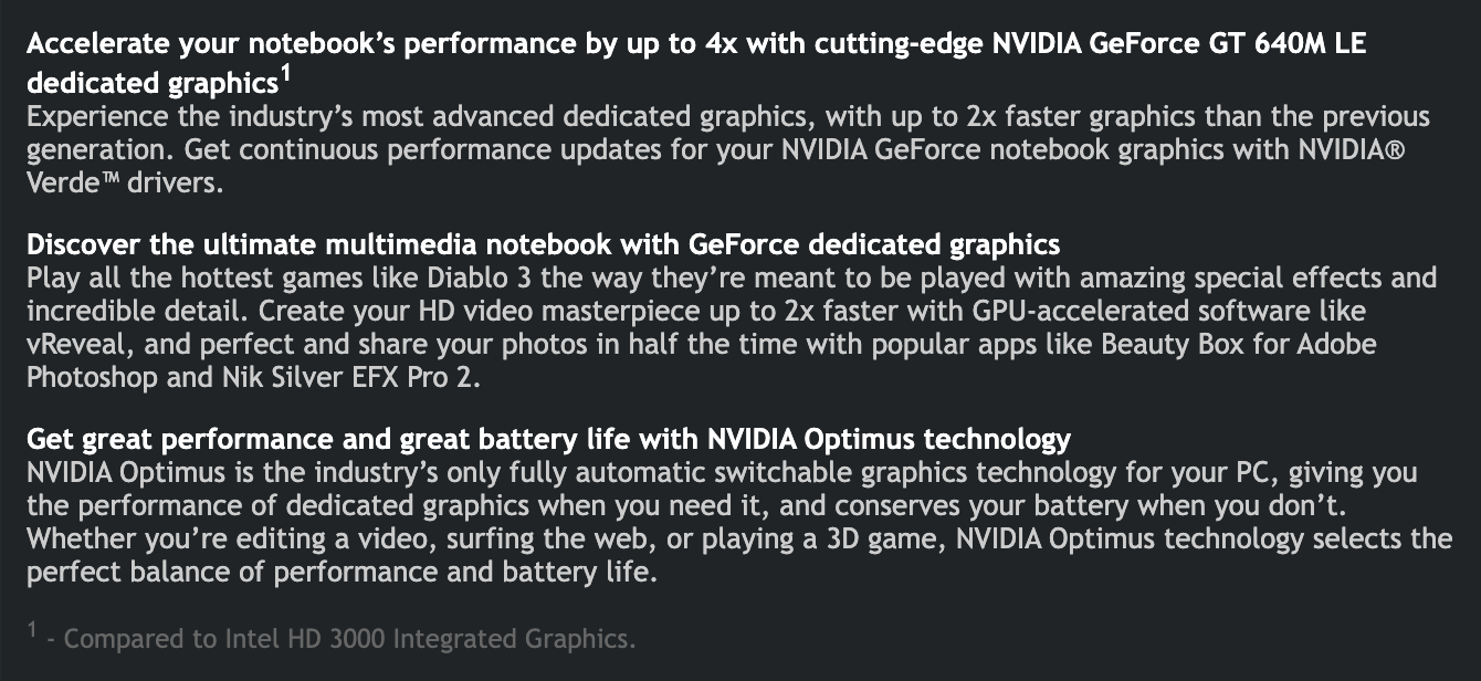 Страница описания GeForce GT 640M LE в 2012 году: прирост до 4 раз со сноской «Compared to Intel HD 3000 Integrated Graphics» и обещание до 2 раз быстрее предыдущего поколения. Снимок веб-архива от 25 марта 2012 (в снимке от 5 января 2017 года сноска называет Intel HD 4000)