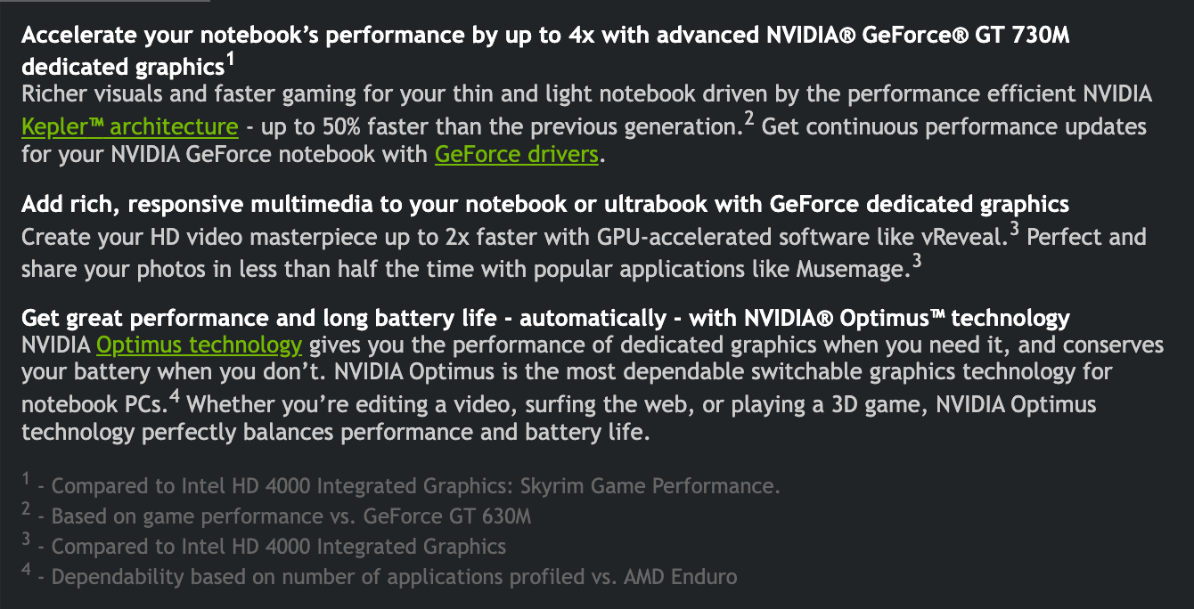 Страница описания GeForce GT 730M в 2013 году: прирост до 4 раз, ускорение на 50 процентов, сноски с базой сравнения (Intel HD 4000 в игре Skyrim и GeForce GT 630M). Снимок веб-архива от 7 февраля 2013
