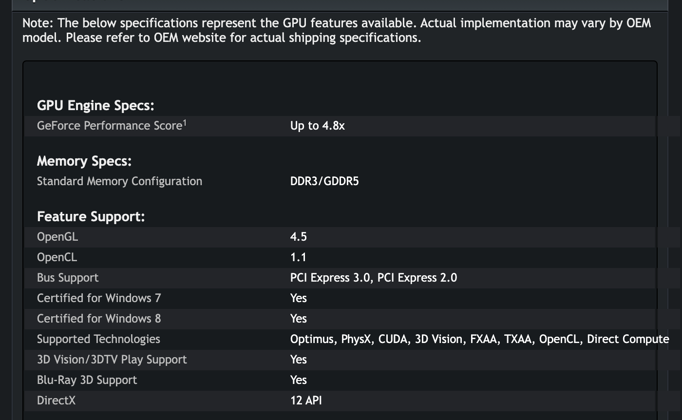 Таблица спецификаций GeForce GT 730M в снимке 2018 года: оценка до 4,8x, память DDR3 и GDDR5, OpenGL 4.5, OpenCL 1.1, PCI Express 3.0 и 2.0, сертификация для Windows 7 и 8, список технологий и DirectX 12 API. Снимок веб-архива от 4 февраля 2018
