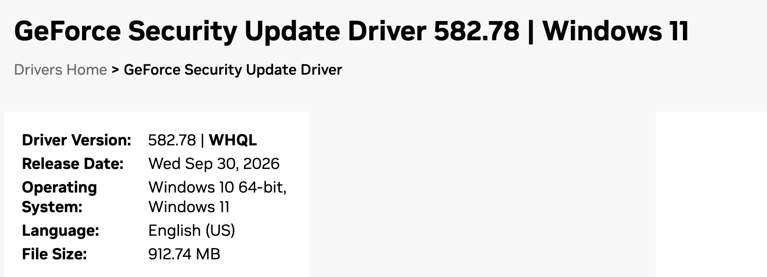 Страница драйвера NVIDIA GeForce Security Update Driver 582.78: версия 582.78 WHQL от 30 сентября 2026 года, Windows 10 64-bit и Windows 11, размер 912,74 МБ. Снято 30 сентября 2026