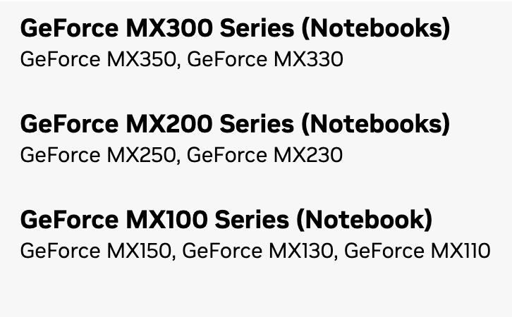 Список поддерживаемых видеокарт драйвера 582.78: ноутбучные серии GeForce MX300 (MX350, MX330), MX200 (MX250, MX230) и MX100 (MX150, MX130, MX110). Снято 30 сентября 2026
