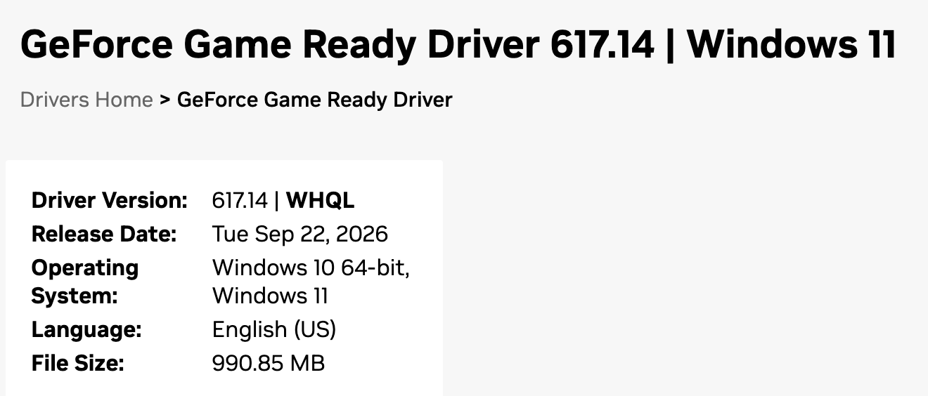 Страница драйвера NVIDIA GeForce Game Ready 617.14: выпущен 22 сентября 2026 года, рассчитан на Windows 10 64-bit и Windows 11. Снято 30 сентября 2026