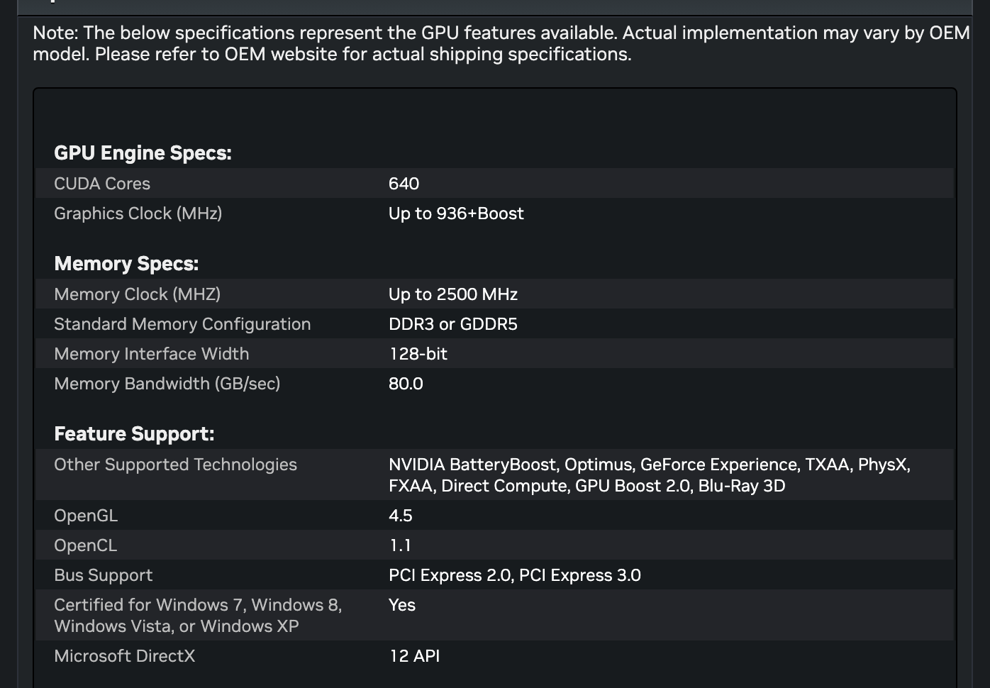 Таблица спецификаций GeForce GTX 850M на сайте NVIDIA: 640 ядер CUDA, частота до 936 МГц плюс Boost, память DDR3 или GDDR5 с частотой до 2500 МГц, шина 128 бит, пропускная способность 80,0 ГБ/с, OpenGL 4.5, OpenCL 1.1, PCI Express 2.0 и 3.0, Microsoft DirectX 12 API. Снимок веб-архива от 14 октября 2025