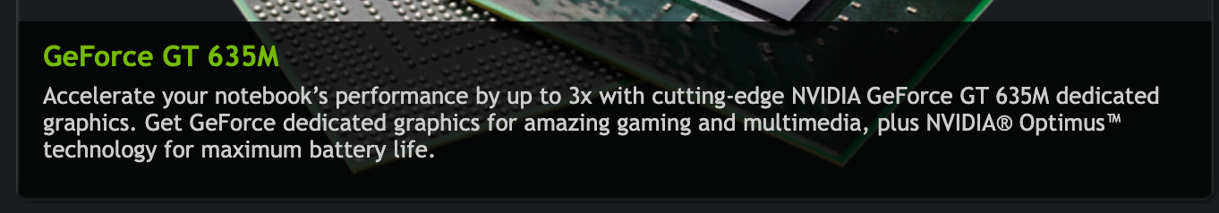 Обзорная страница GT 635M у NVIDIA: ноутбук быстрее до 3 раз с выделенной графикой и технологией Optimus. Снимок веб-архива от 24 марта 2012