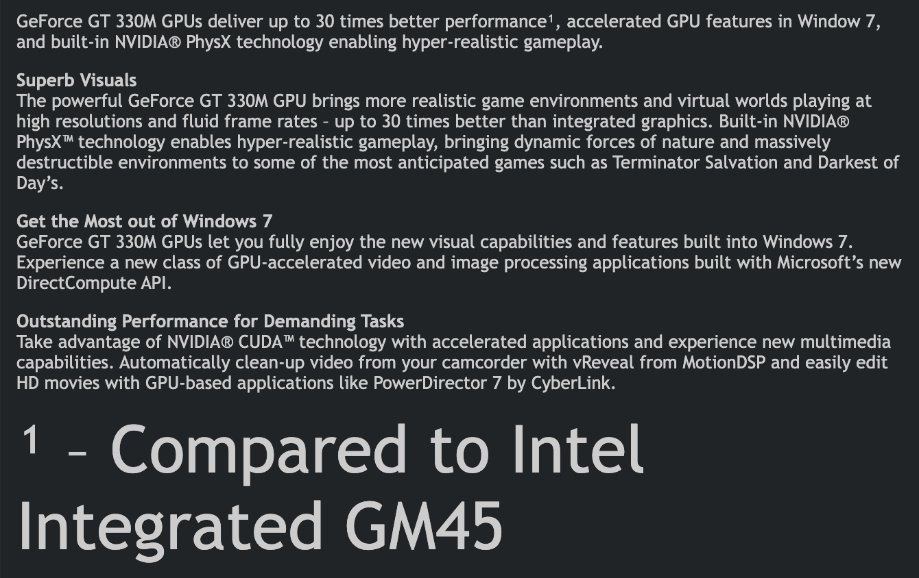 Обзорная страница GeForce GT 330M на сайте NVIDIA: обещание до 30 раз большей производительности, поддержка DirectCompute в Windows 7, физика PhysX и CUDA, сноска о сравнении с интегрированной графикой Intel GM45. Снимок веб-архива от 29 марта 2012