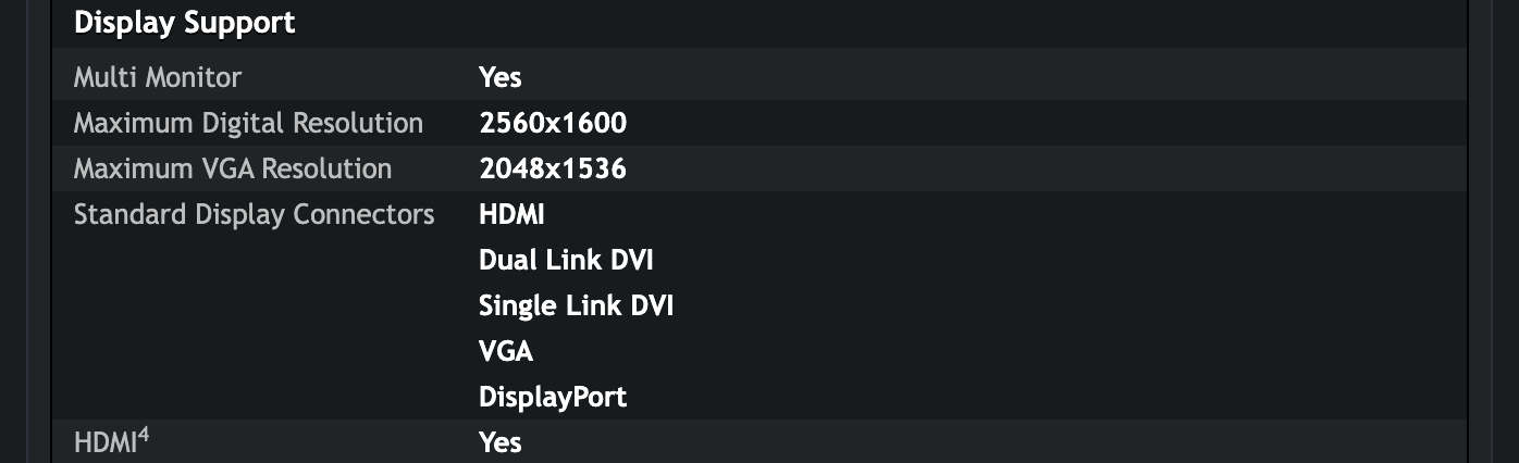 Блок Display Support в таблице GeForce GT 330M: несколько мониторов, максимальное цифровое разрешение 2560 на 1600, VGA 2048 на 1536, стандартные выходы HDMI, Dual Link DVI, Single Link DVI, VGA и DisplayPort. Снимок веб-архива от 23 августа 2019