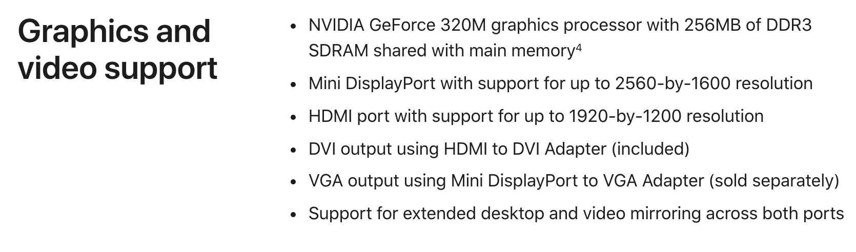 Раздел «Graphics and video support» на странице Apple о Mac mini (Mid 2010): GeForce 320M с 256 МБ DDR3 SDRAM, общей с основной памятью, выходы Mini DisplayPort и HDMI. Снято 3 октября 2026