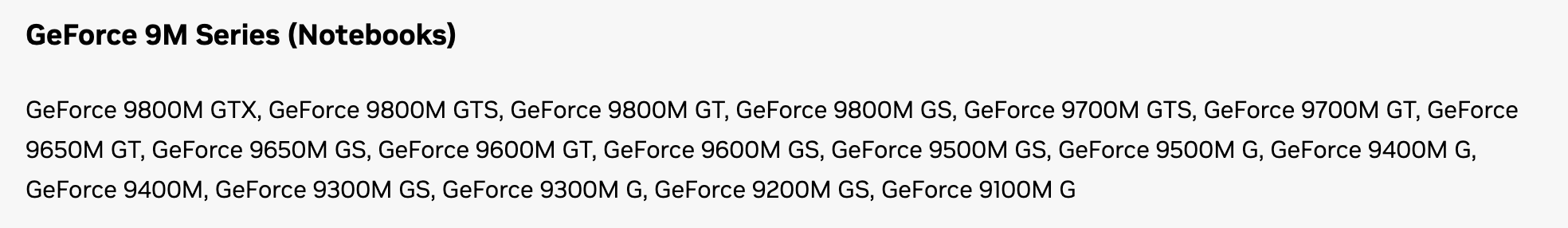 Список поддерживаемых продуктов на странице драйвера NVIDIA 342.01: в серии GeForce 9M для ноутбуков есть GeForce 9400M G и GeForce 9400M. Снято 3 октября 2026