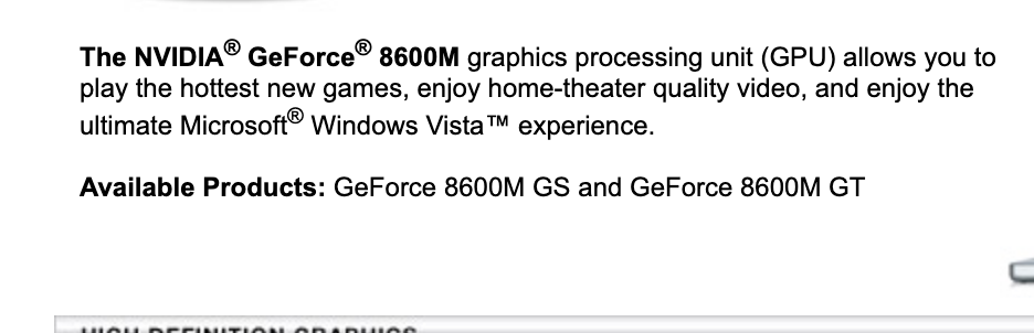 Строка о моделях на странице NVIDIA GeForce 8600M: GeForce 8600M GS и GeForce 8600M GT. Снимок веб-архива от 17 января 2008