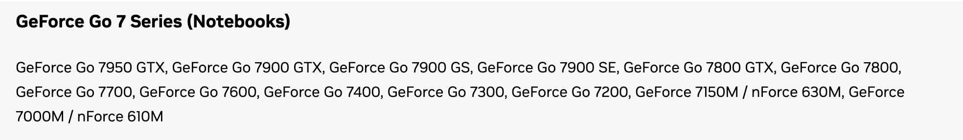 Строка GeForce Go 7 Series (Notebooks) в списке продуктов драйвера 179.48: Go 7950 GTX, Go 7900 GTX, Go 7900 GS, Go 7800 GTX, Go 7700, Go 7600, Go 7400, Go 7300 и другие. Снято 3 октября 2026