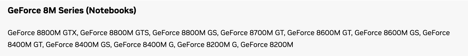 Строка GeForce 8M Series (Notebooks) в списке продуктов драйвера 342.01: GeForce 8800M GTX, 8800M GTS, 8800M GS, 8700M GT, 8600M GT, 8600M GS и младшие модели серии. Снято 3 октября 2026