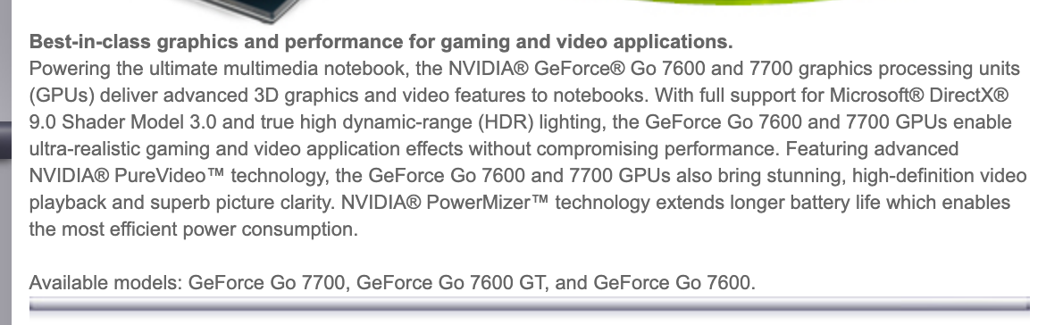 Строка о моделях на странице NVIDIA GeForce Go 7600: GeForce Go 7700, Go 7600 GT и Go 7600. Снимок веб-архива от 1 января 2007