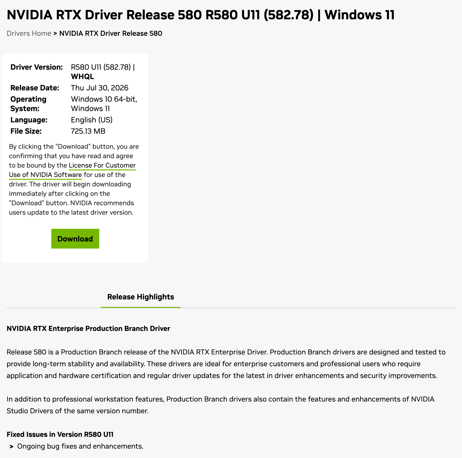 Шапка страницы драйвера NVIDIA RTX Driver Release 580, версия R580 U11 (582.78) WHQL от 30 июля 2026 года для Windows 10 64-bit и Windows 11. Снято 3 октября 2026