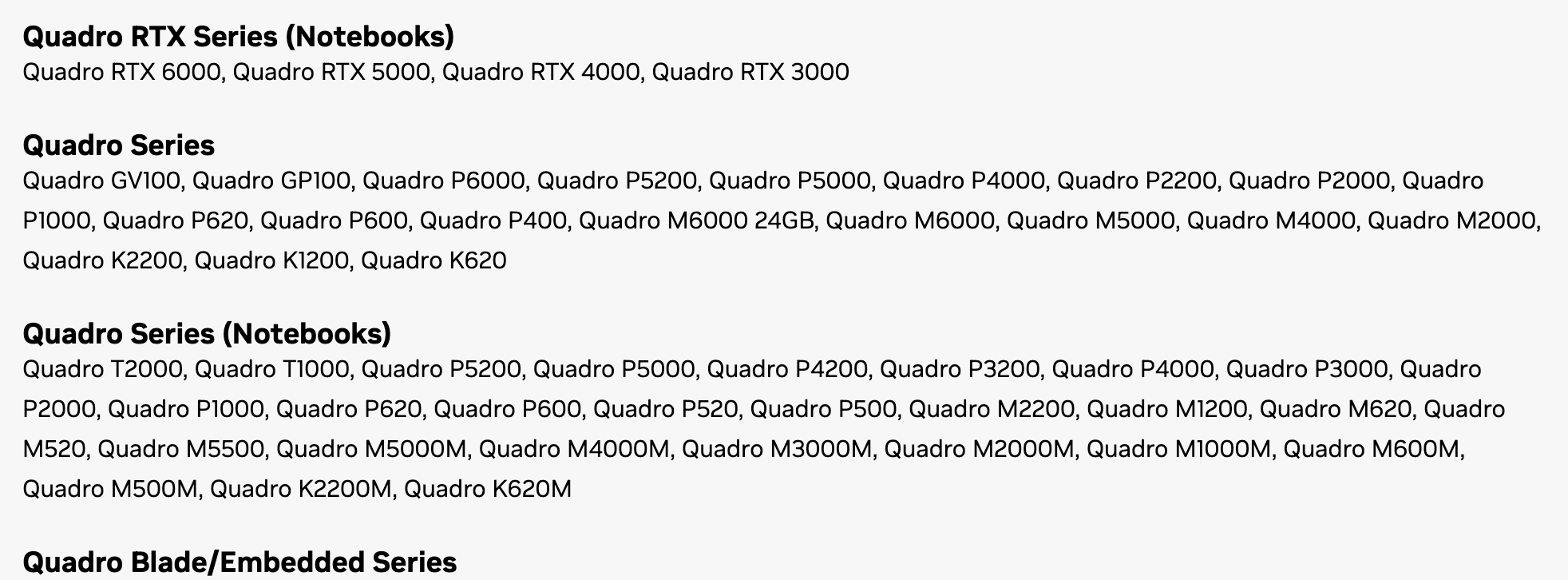 Вкладка Supported Products страницы драйвера NVIDIA 582.78: в группе Quadro Series значатся Quadro P2000 и P1000, в группе Quadro Series (Notebooks) Quadro T2000, T1000, P2000 и P1000. Снято 3 октября 2026