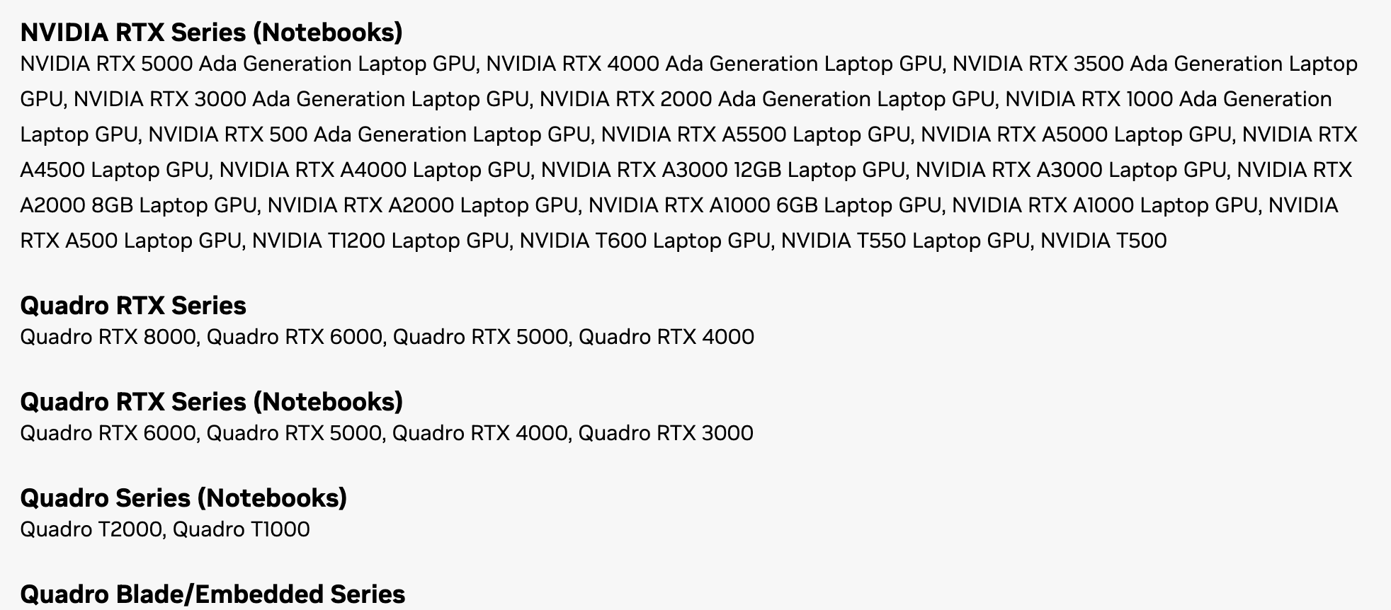 Вкладка Supported Products страницы драйвера NVIDIA 597.16: в группе NVIDIA RTX Series (Notebooks) значится NVIDIA T1200 Laptop GPU, ниже группы Quadro RTX Series и Quadro Series (Notebooks). Снято 3 октября 2026