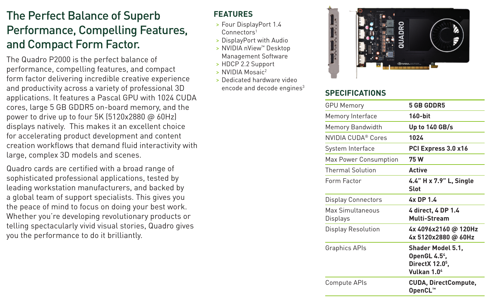 Первая страница datasheet NVIDIA на Quadro P2000 (редакция Jun18): в таблице спецификаций 5 GB GDDR5, шина 160-bit, до 140 GB/s, 1024 ядра CUDA, 75 W, четыре разъёма DP 1.4. Файл сохранён 3 октября 2026