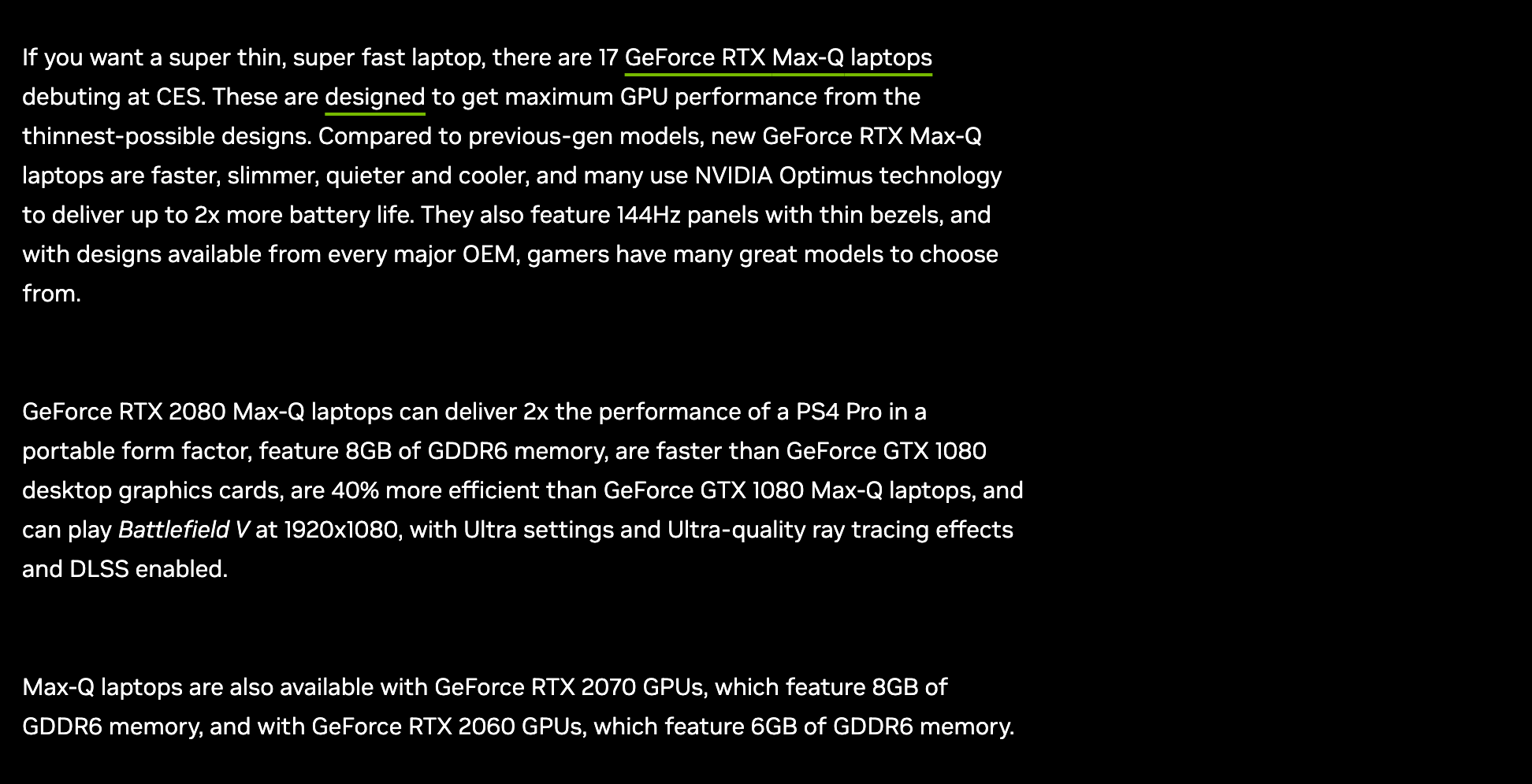 Фрагмент новости NVIDIA от 6 января 2019 года: 17 ноутбуков GeForce RTX Max-Q на CES, дисплеи 144 Гц с тонкими рамками, а в последней строке Max-Q ноутбуки с RTX 2070 (8 ГБ GDDR6) и RTX 2060 (6 ГБ GDDR6). Снято 3 октября 2026 года