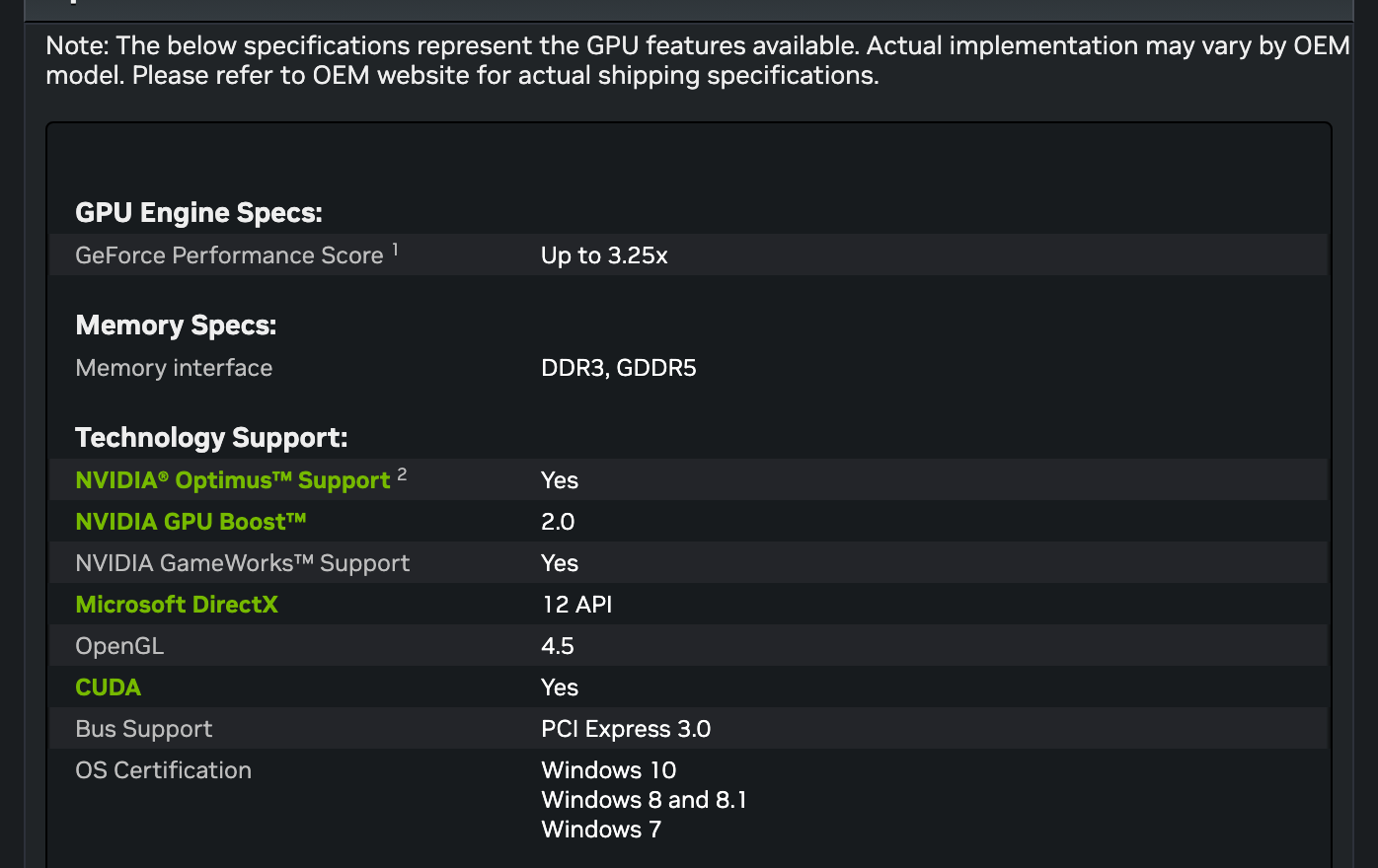 Таблица спецификаций GeForce 920MX на сайте NVIDIA: оговорка о реализации у производителя ноутбука, память DDR3 и GDDR5, DirectX 12 API, OpenGL 4.5, PCI Express 3.0 и сертификация Windows 10, 8 и 8.1, 7. Снимок веб-архива от 17 октября 2025
