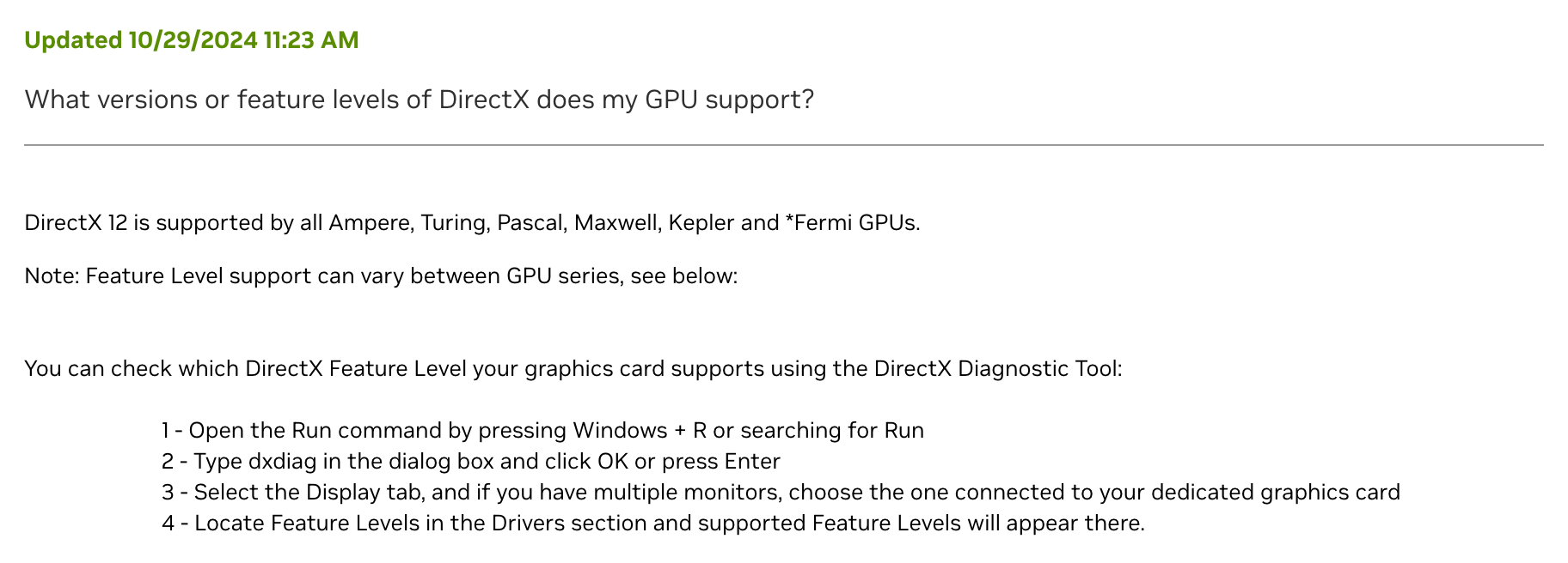 Справка NVIDIA о версиях DirectX: DirectX 12 у всех GPU на Fermi, Kepler, Maxwell, Pascal, Turing и Ampere, уровень функций зависит от серии и смотрится в средстве диагностики DirectX. Снимок веб-архива от 23 августа 2025