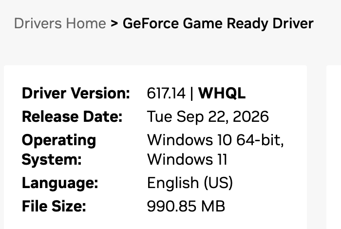 Сведения о драйвере на странице NVIDIA GeForce Game Ready Driver: версия 617.14 WHQL от 22 сентября 2026 года, Windows 10 64-bit и Windows 11, размер 990,85 МБ. Снято 23 сентября 2026