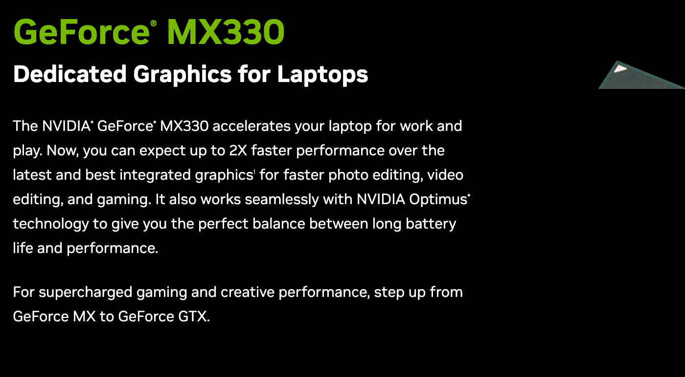 Страница GeForce MX330 на сайте NVIDIA: отдельная видеокарта для ноутбуков, до 2 раз быстрее новейшей встроенной графики в обработке фото, монтаже видео и играх, работа с NVIDIA Optimus. Снимок веб-архива от 16 октября 2025