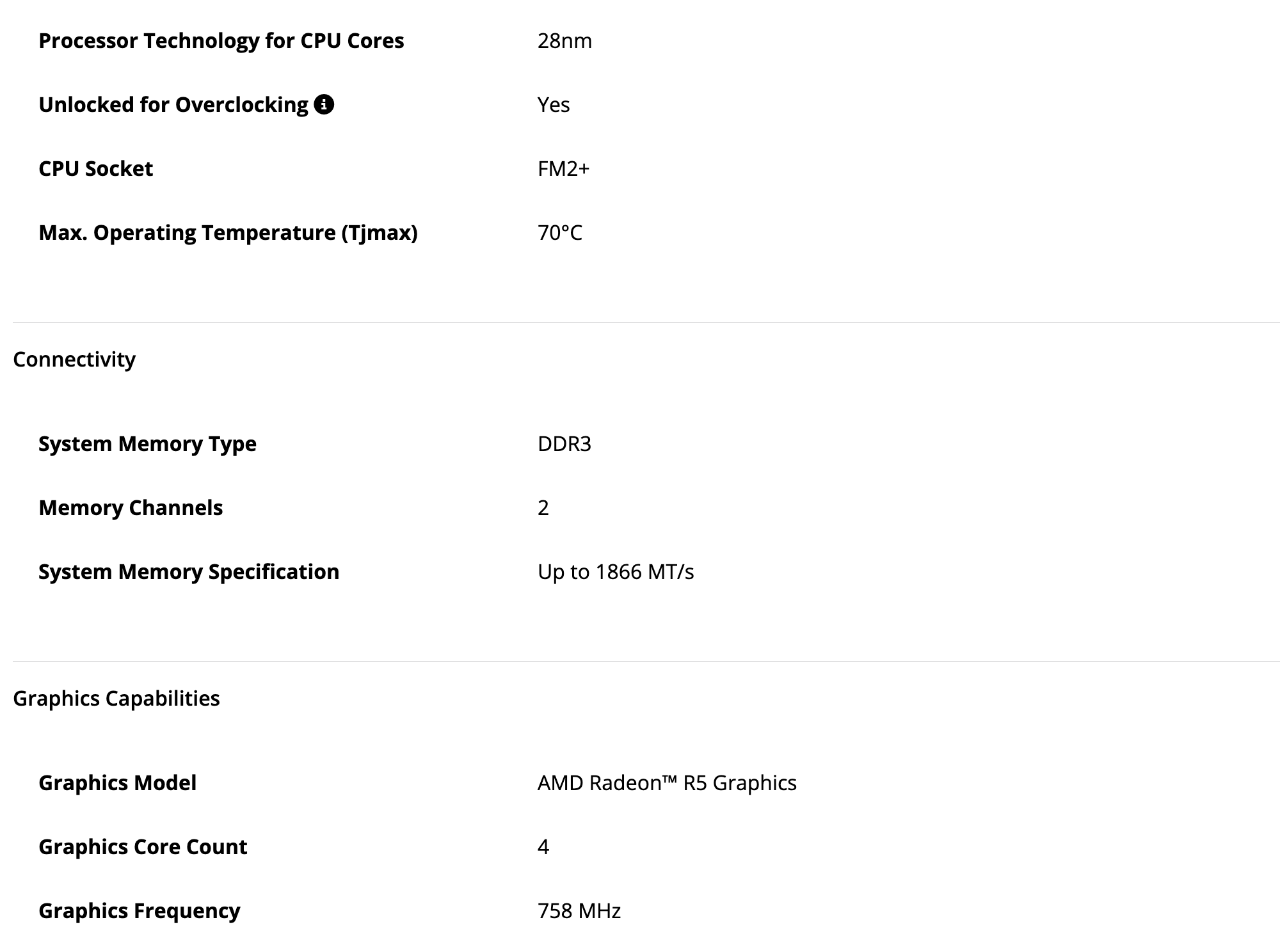 Сокет, память и графика A6-7400K в спецификации AMD: 28 нм, Unlocked for Overclocking Yes, FM2+, Tjmax 70 °C, DDR3, 2 канала до 1866 MT/s, AMD Radeon R5 Graphics, 4 ядра, 758 МГц. Снято 12 октября 2026