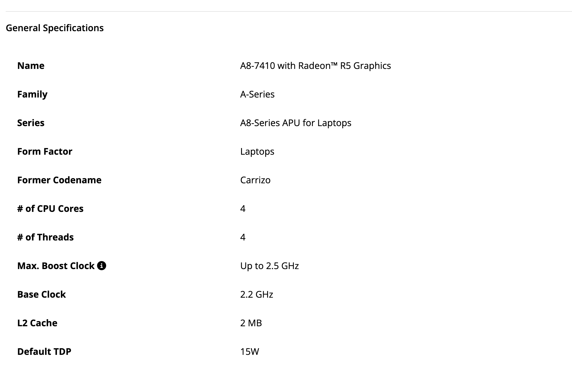 Общие характеристики A8-7410 на сайте AMD: A-Series, A8-Series APU for Laptops, Carrizo, 4 ядра и 4 потока, буст до 2,5 ГГц, база 2,2 ГГц, кэш L2 2 МБ, TDP 15 Вт. Снято 12 октября 2026