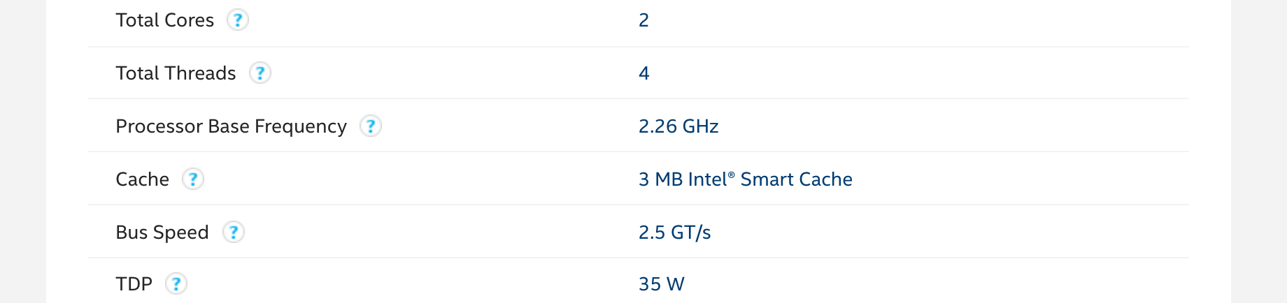 CPU Specifications Core i3-350M в копии Intel ARK: 2 ядра и 4 потока, базовая частота 2,26 ГГц, кэш 3 МБ Smart Cache, шина 2,5 GT/s, TDP 35 Вт. Снято 6 октября 2026 с копии веб-архива от 31 мая 2023