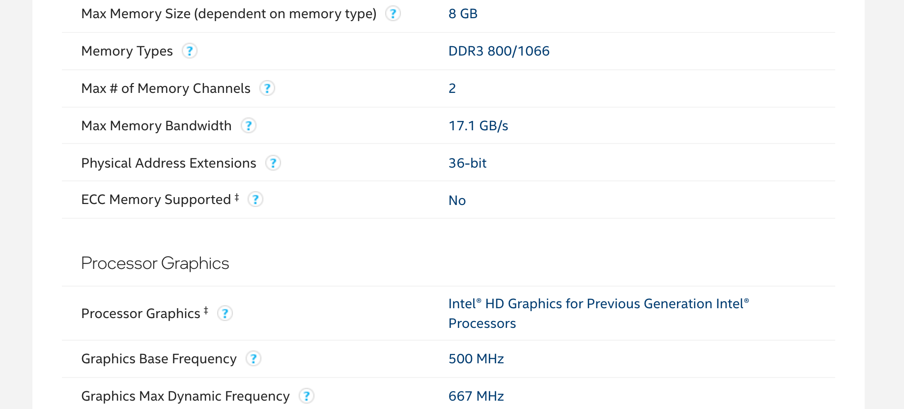 Memory Specifications и Processor Graphics Core i3-350M в копии Intel ARK: до 8 ГБ DDR3 800/1066 в двух каналах, 17,1 ГБ/с, ECC No, графика 500-667 МГц. Снято 6 октября 2026 с копии веб-архива от 31 мая 2023