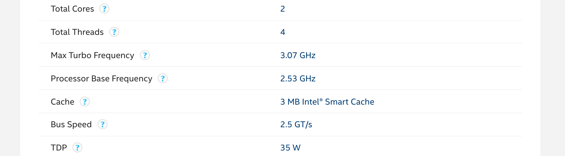 CPU Specifications Core i5-540M в копии Intel ARK: 2 ядра и 4 потока, до 3,07 ГГц, базовая 2,53 ГГц, кэш 3 МБ Smart Cache, шина 2,5 GT/s, TDP 35 Вт. Снято 6 октября 2026 с копии веб-архива от 6 мая 2023