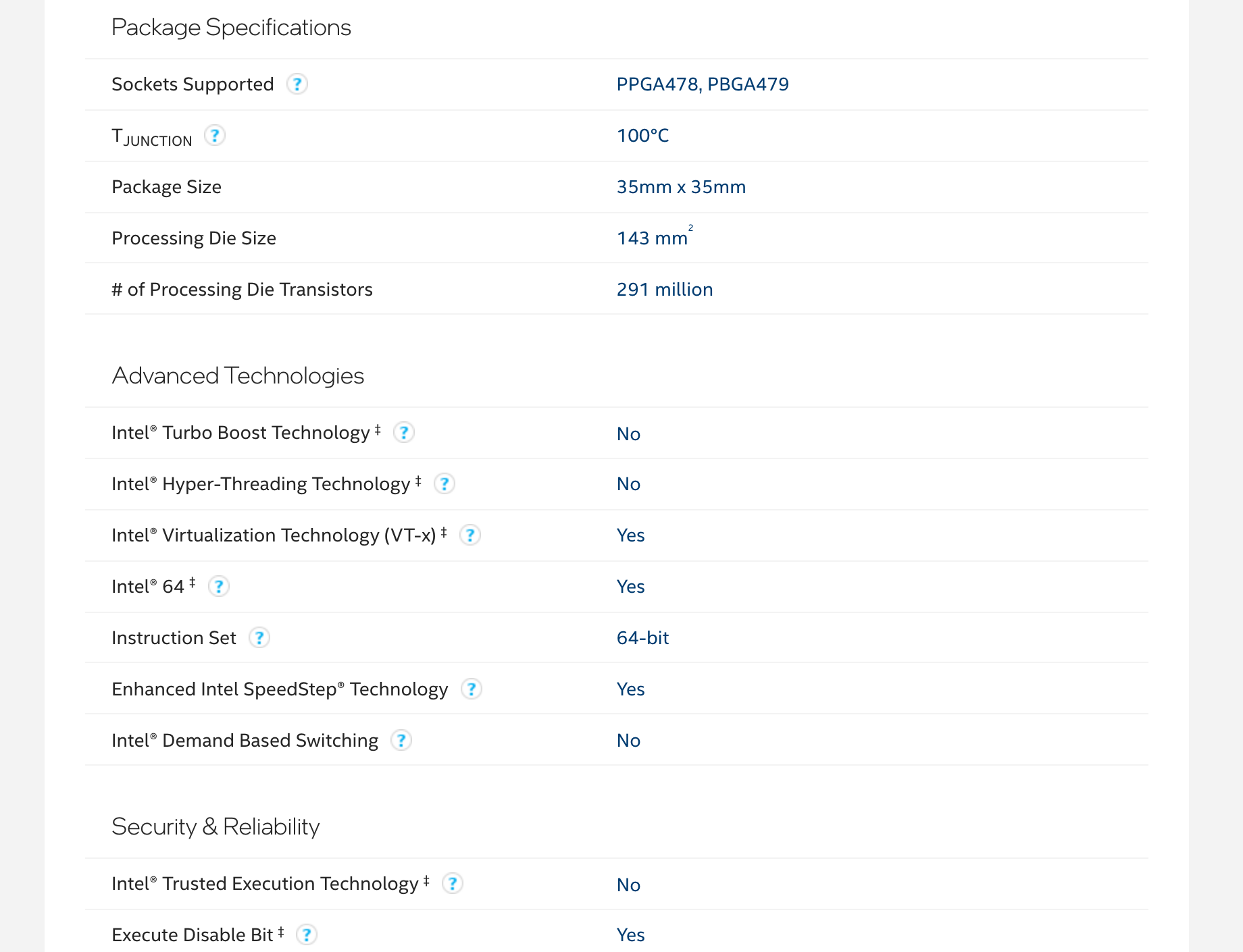 Package Specifications и Advanced Technologies Core 2 Duo T7250 в копии Intel ARK: PPGA478 и PBGA479, T junction 100 °C, кристалл 143 мм², 291 млн транзисторов, Intel 64 Yes. Снято 6 октября 2026 с копии веб-архива от 20 мая 2023