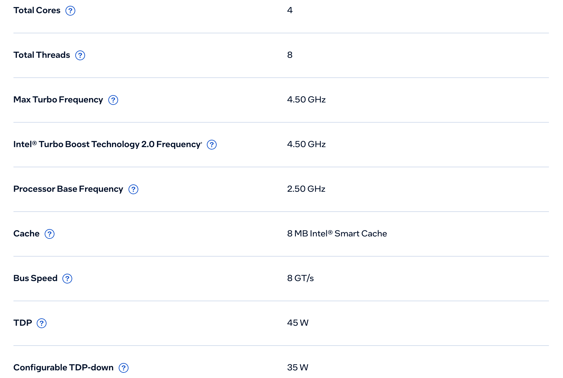 CPU Specifications в спецификации Core i5-10300H в Intel ARK: 4 ядра и 8 потоков, базовая частота 2,50 ГГц, до 4,50 ГГц, 8 МБ кэша, TDP 45 Вт и режим 35 Вт. Снято 6 октября 2026