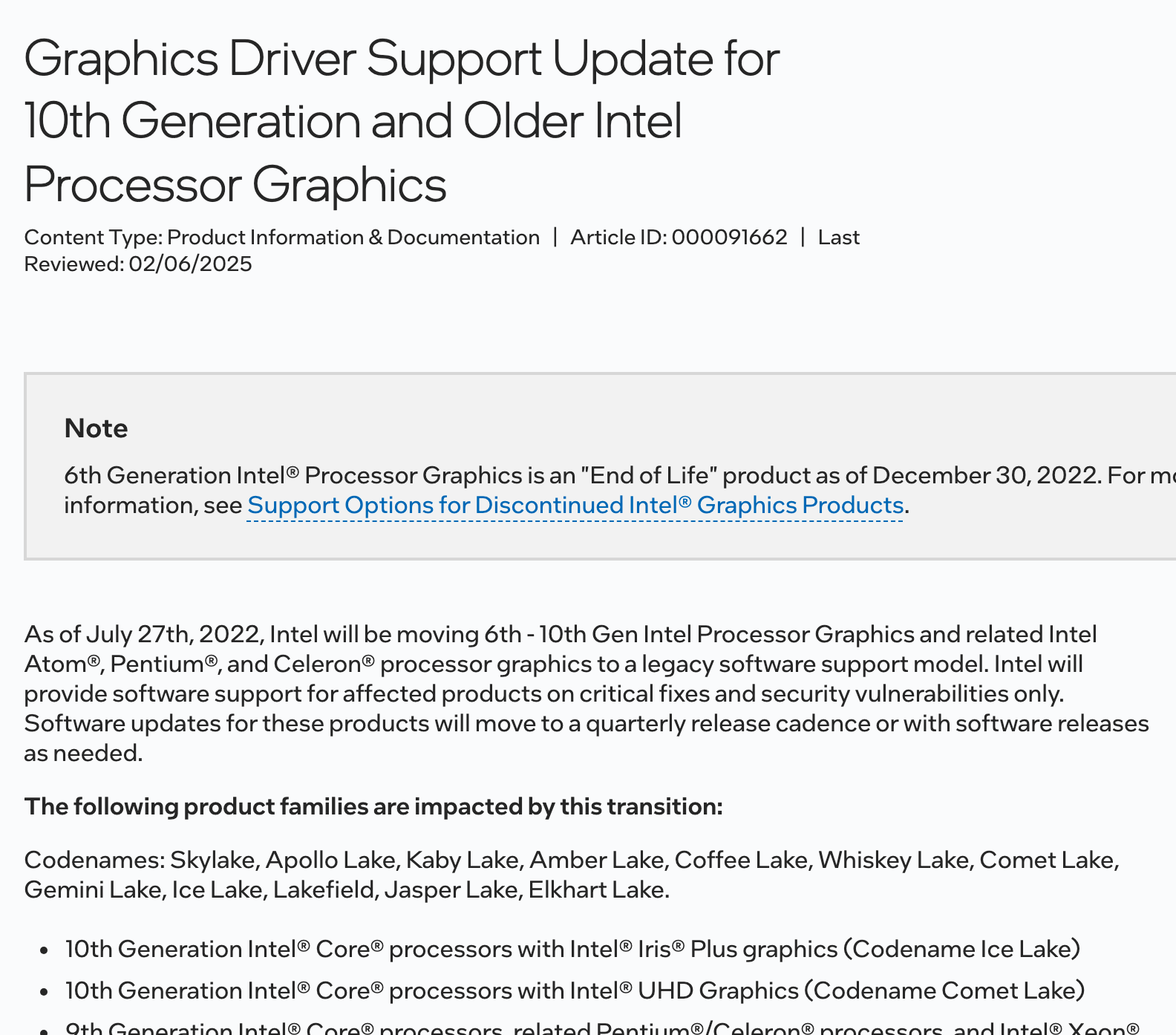 Справка Intel 000091662: графика 6-10 поколений с 27 июля 2022 года на поддержке только критическими исправлениями, Comet Lake с UHD Graphics в списке. Снято 6 октября 2026
