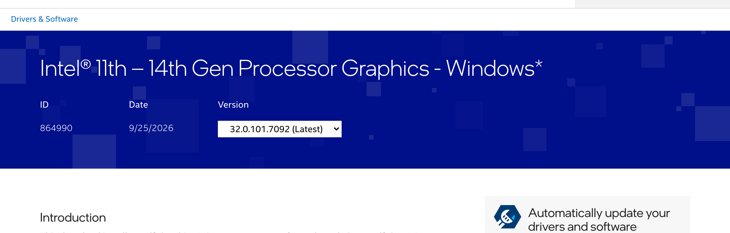 Страница пакета Intel 11th-14th Gen Processor Graphics, номер 864990: дата 25 сентября 2026 года, версия 32.0.101.7092 с отметкой Latest. Снято 6 октября 2026