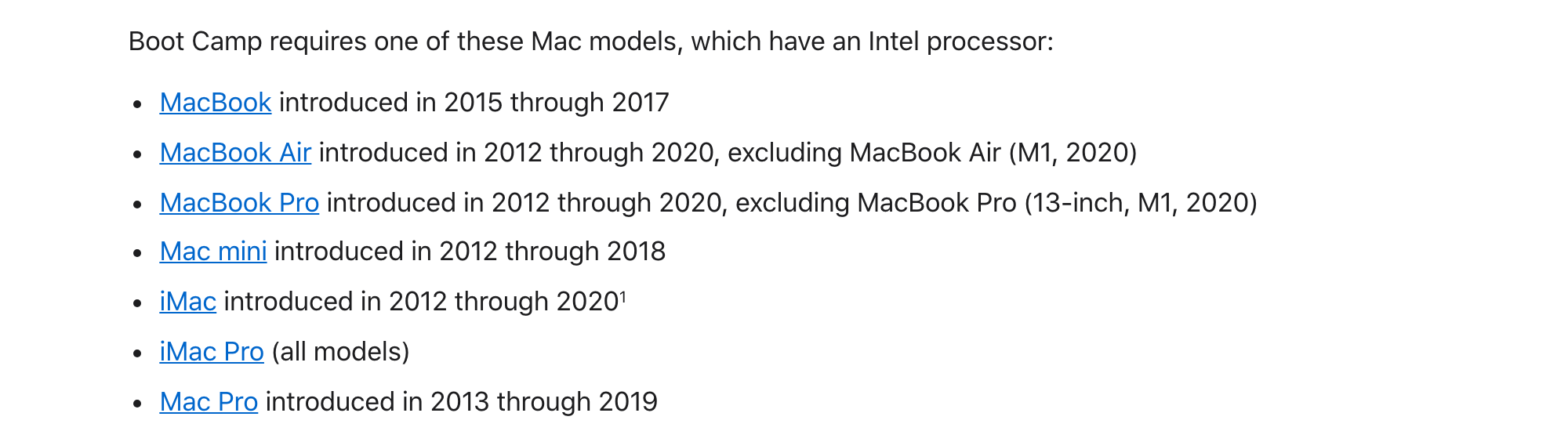 Список Mac, для которых Apple называет Boot Camp, на странице об установке Windows 10: iMac 2012-2020 годов, iMac Pro и другие Intel-модели. Снято 3 октября 2026