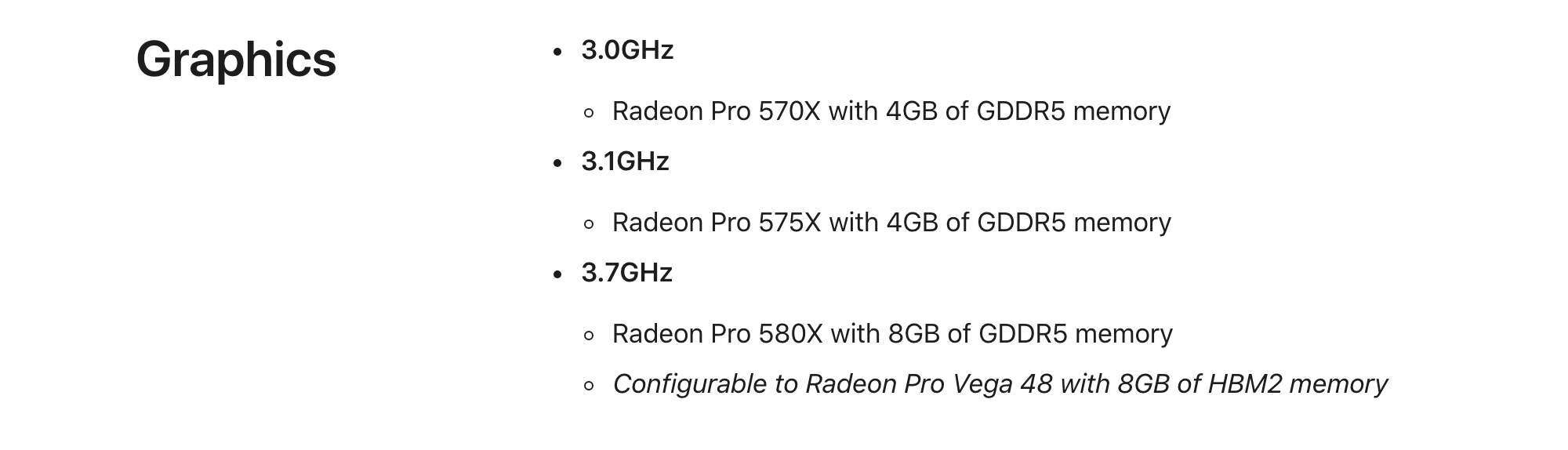 Раздел Graphics на странице Apple об iMac с дисплеем Retina 5K 27 дюймов 2019 года: Radeon Pro 570X и 575X с 4 ГБ GDDR5, Radeon Pro 580X с 8 ГБ GDDR5 и доукомплектация до Radeon Pro Vega 48 с 8 ГБ HBM2. Снято 3 октября 2026