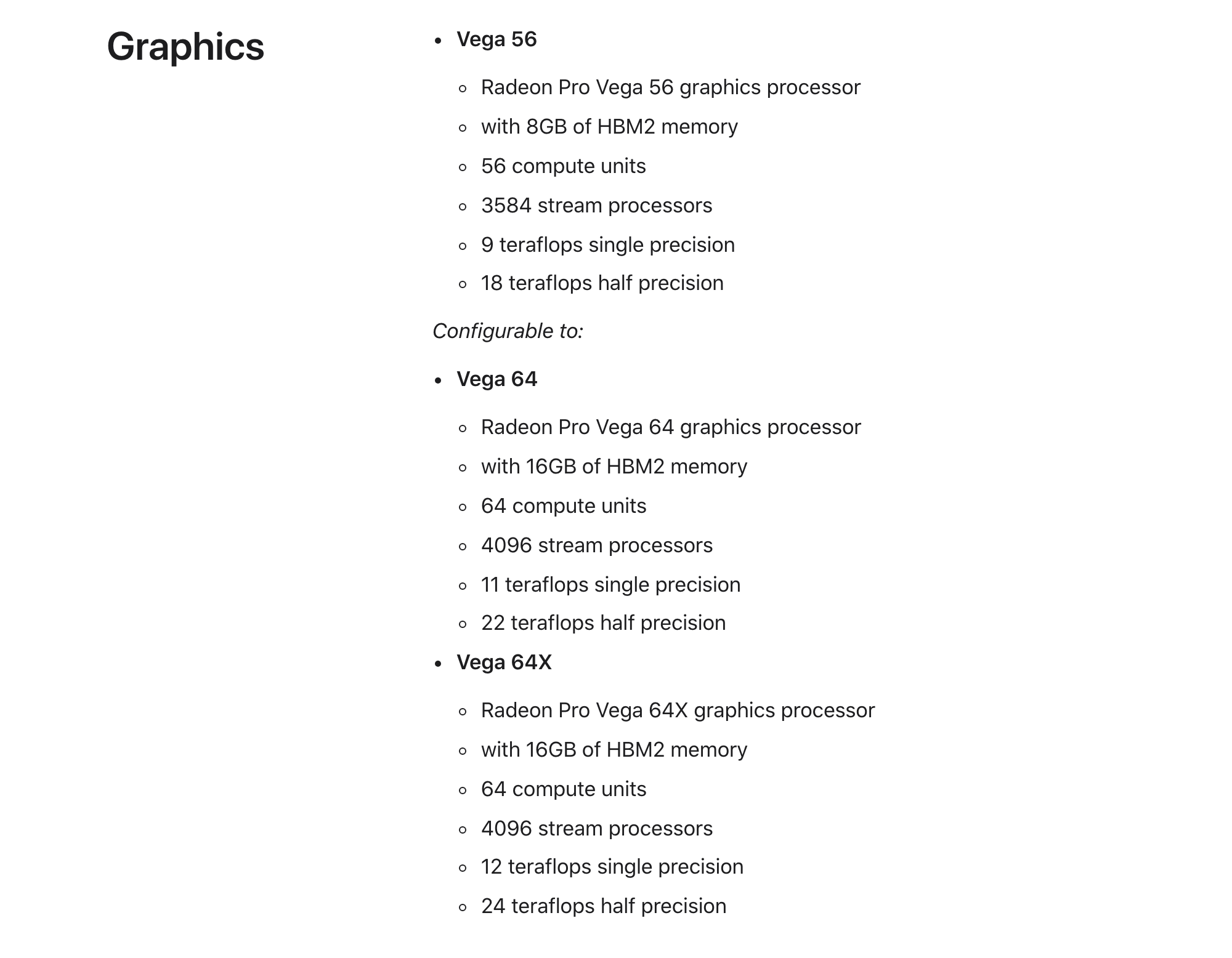 Раздел Graphics на странице Apple об iMac Pro 2017 года: Radeon Pro Vega 56 с 8 ГБ HBM2, доукомплектация до Radeon Pro Vega 64 с 16 ГБ HBM2 и до Radeon Pro Vega 64X с 16 ГБ HBM2, числа блоков, процессоров и терафлопсов. Снято 3 октября 2026